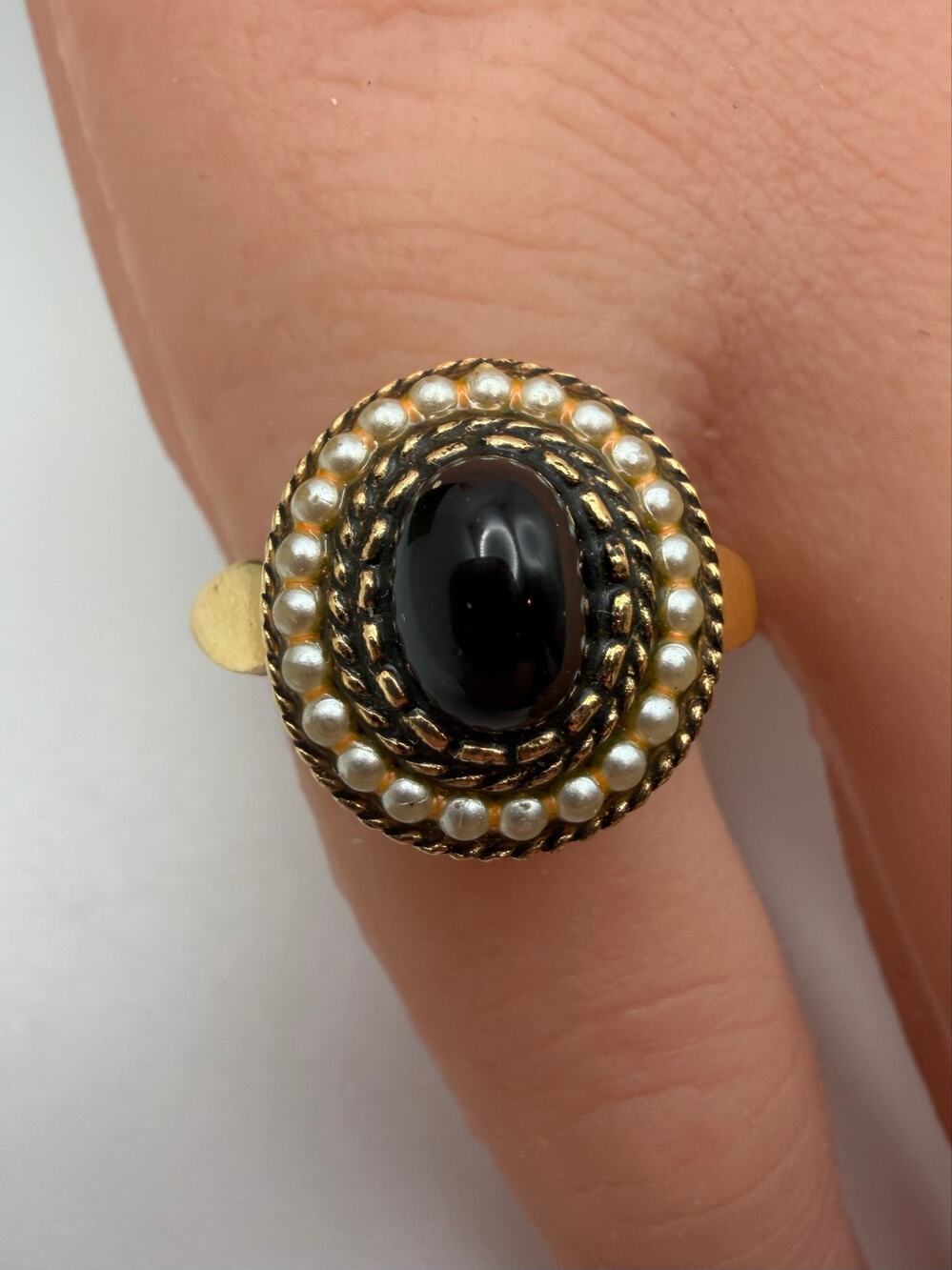 Vintage AVON Byzantine Style Ring, Faux Onyx & Seed Pearl, Adjustable Size 5
